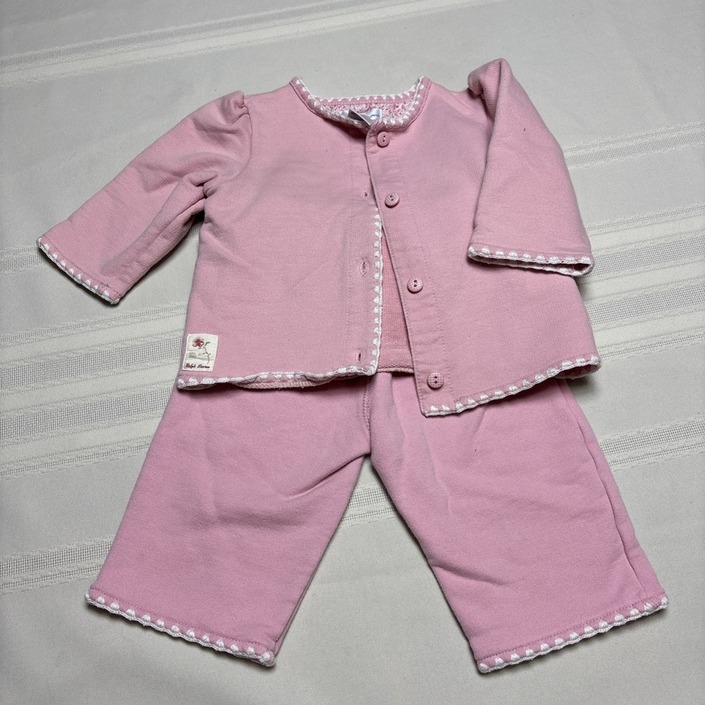 Ralph Lauren Girls Pink 2pc Long Sleeve Top/ Jacket And Pants Set 9M
